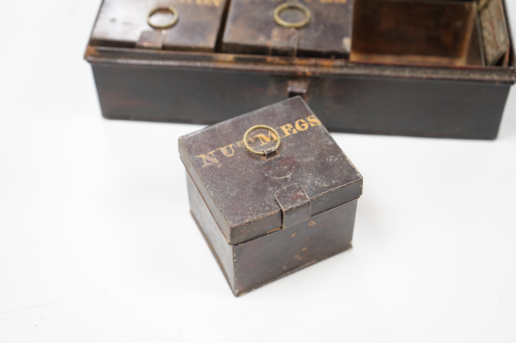 A Victorian compartmentalised spice tin to include Ginger, Allspice and Mace, with original grater, 20cm wide